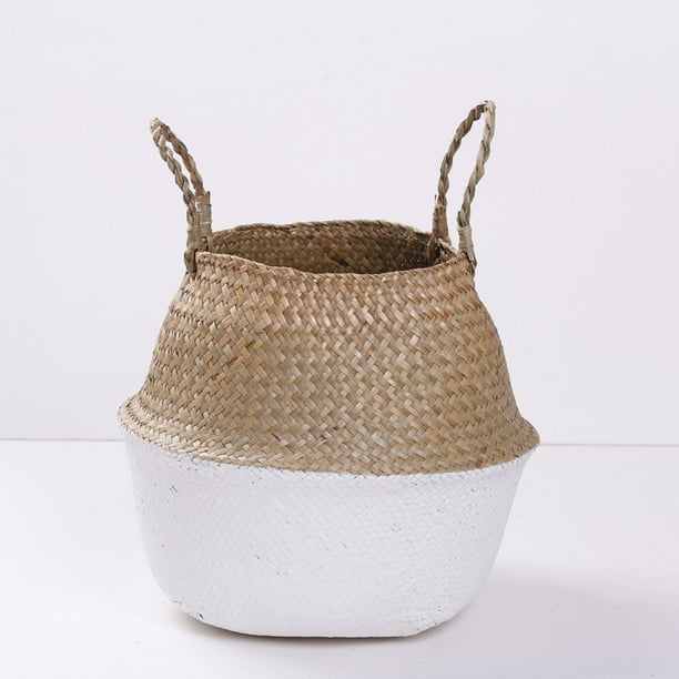 Seagrass Hand-Woven Flower Baskets,Weaving Foldable Nordic Style Big-Bellied Straw Woven Storage Bucket Toy Sundries Clothes Plants Basket for Home Grey S